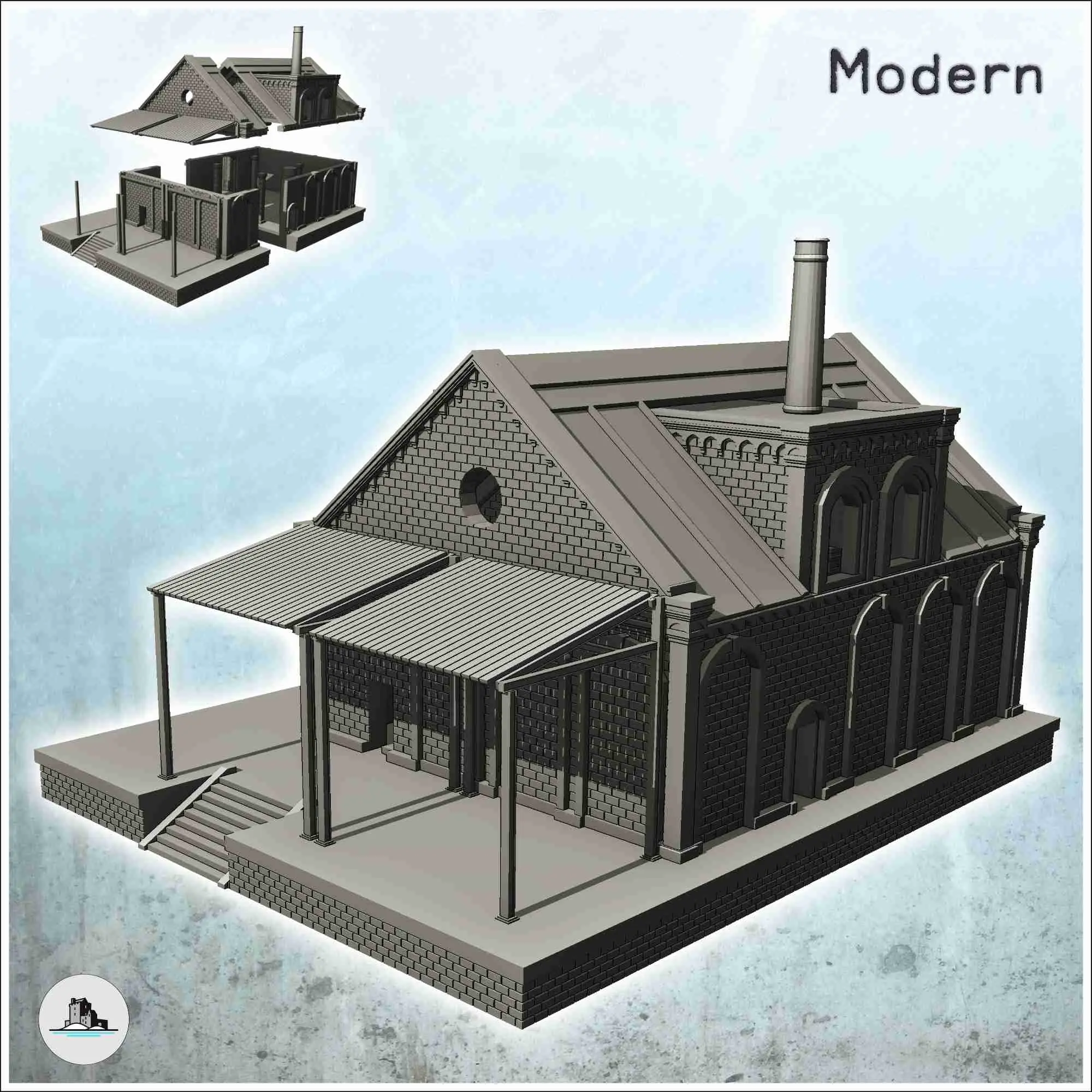 Brick industrial storage warehouse on platform with chimney