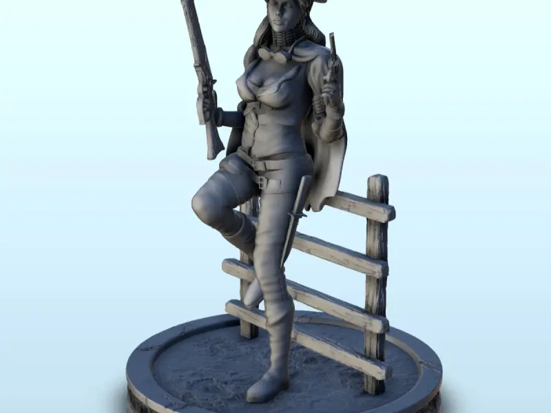 Armed woman with hat leaning against a fence (23) - Old West