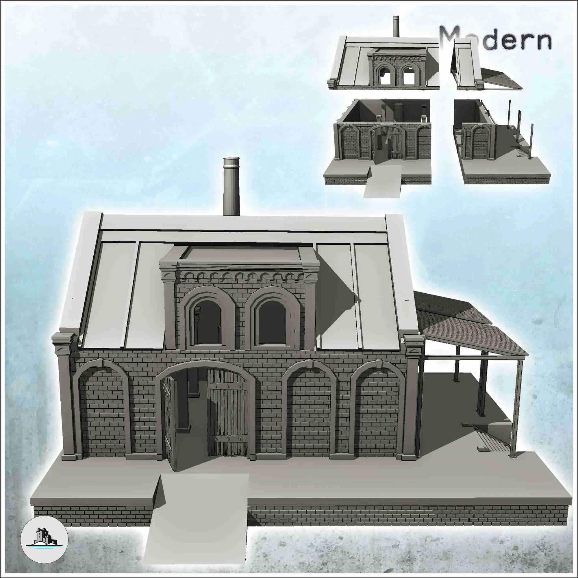 Brick industrial storage warehouse on platform with chimney