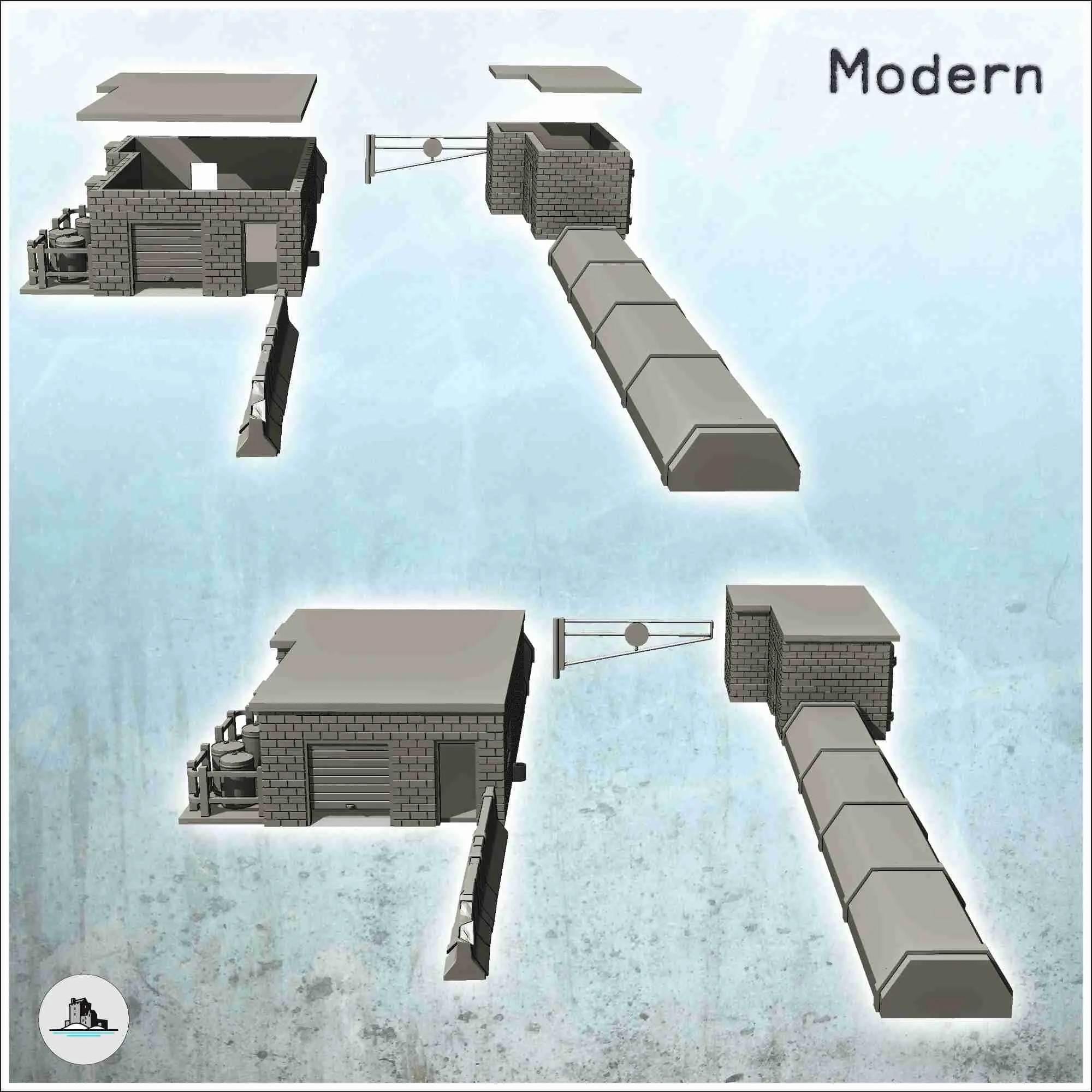 Checkpoint with gate, two buildings and concrete parapet (5)