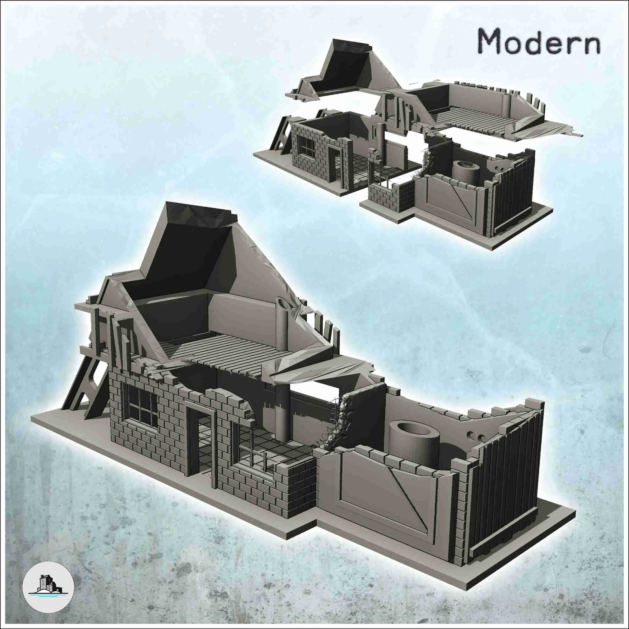 Two-storey brick factory with chimney and steel beam (destro