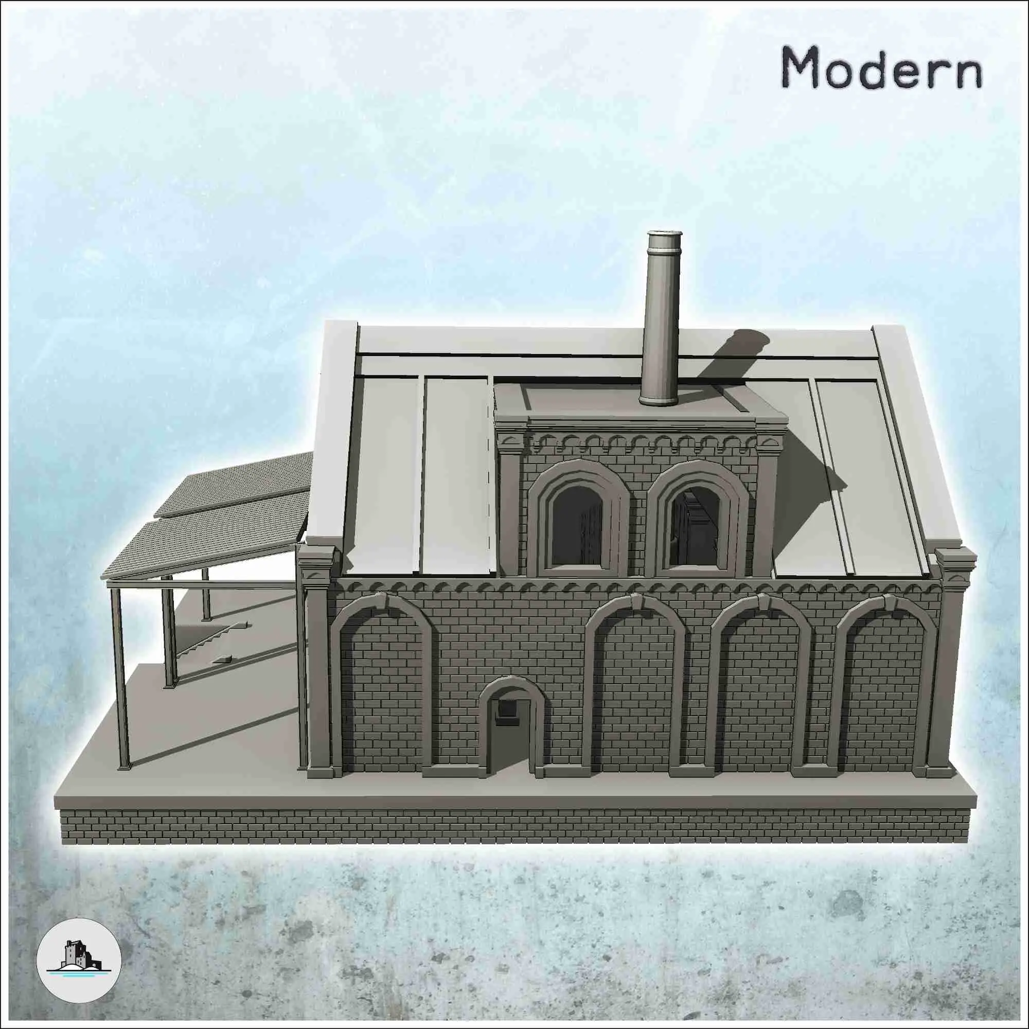 Brick industrial storage warehouse on platform with chimney
