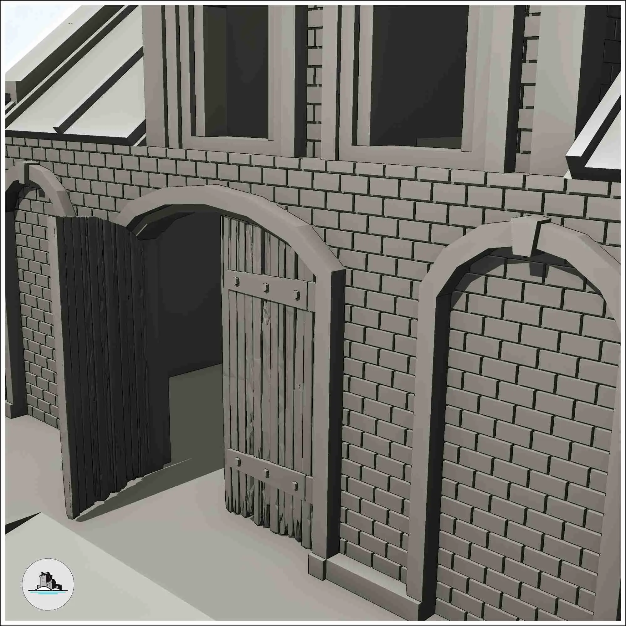 Brick industrial storage warehouse on platform with chimney