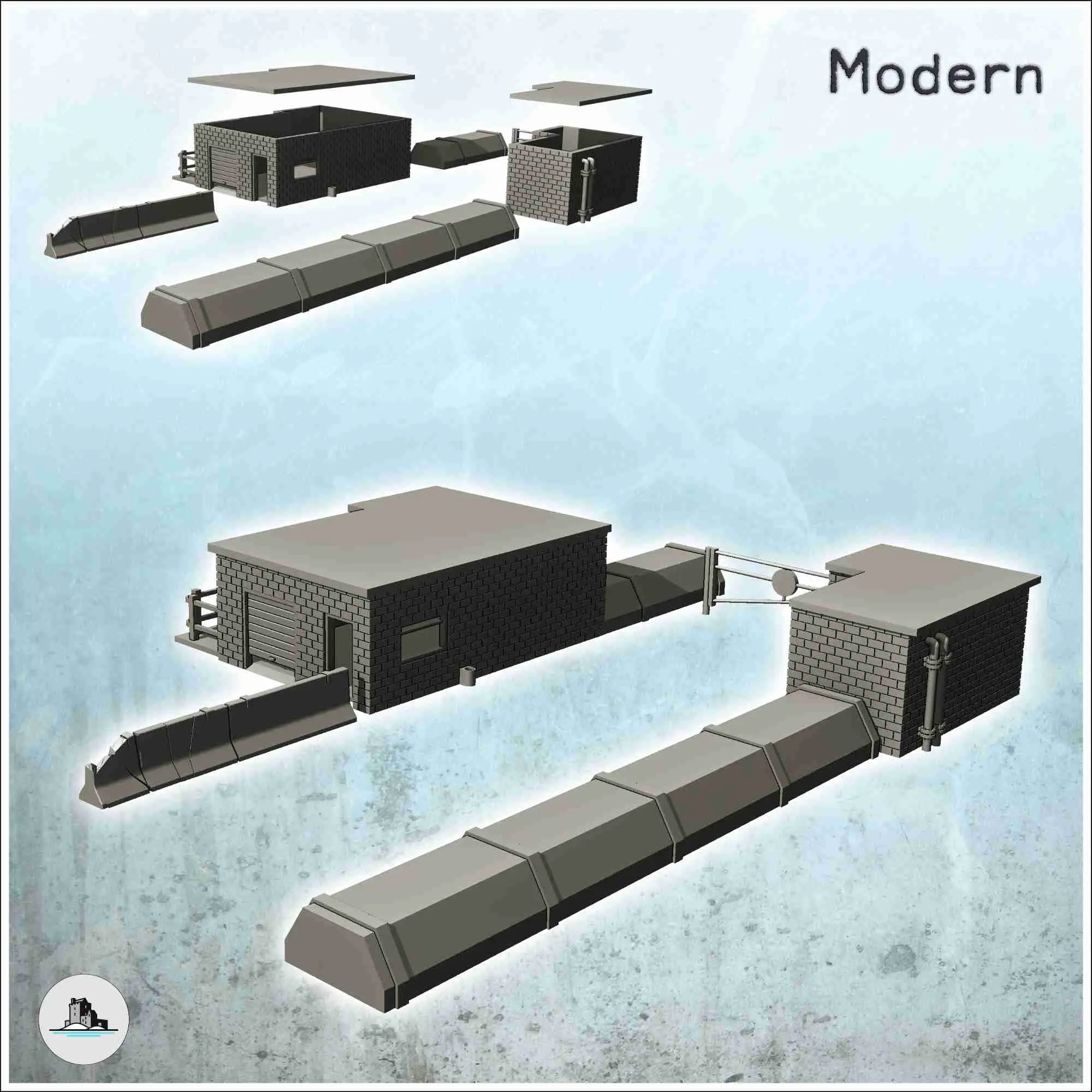 Checkpoint with gate, two buildings and concrete parapet (5)