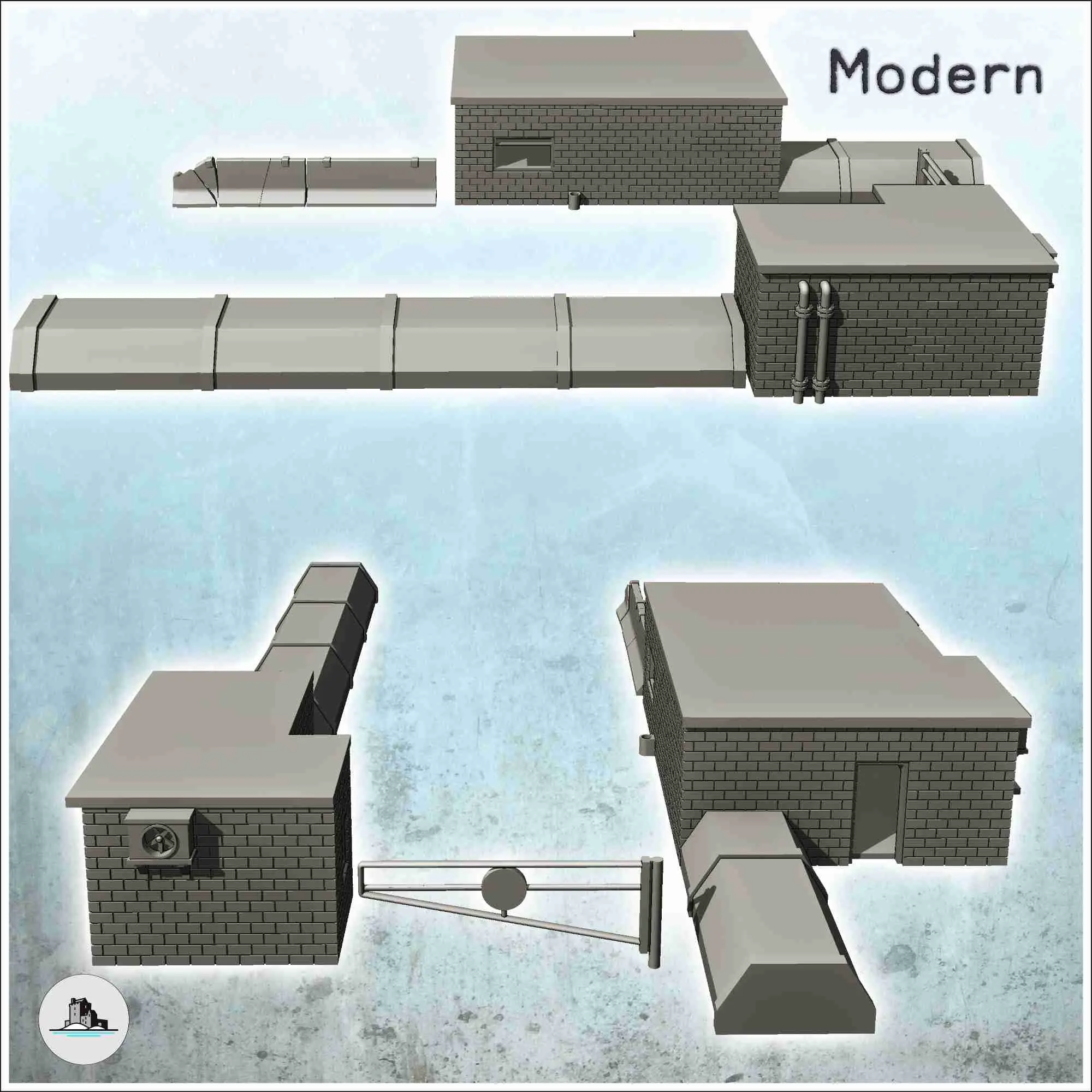 Checkpoint with gate, two buildings and concrete parapet (5)