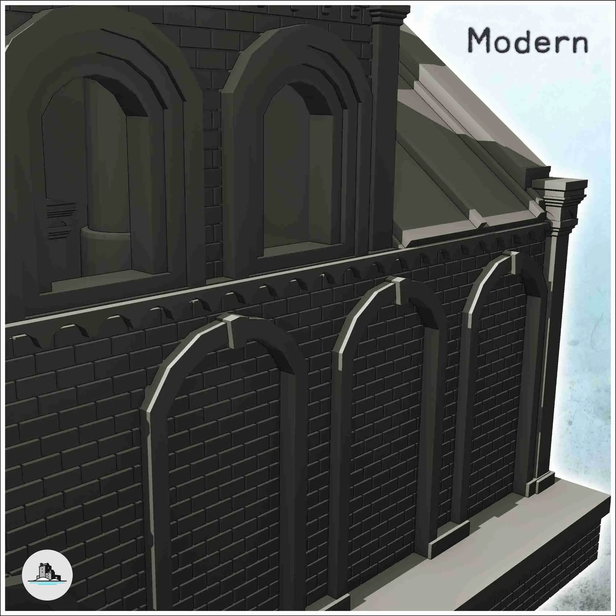 Brick industrial storage warehouse on platform with chimney