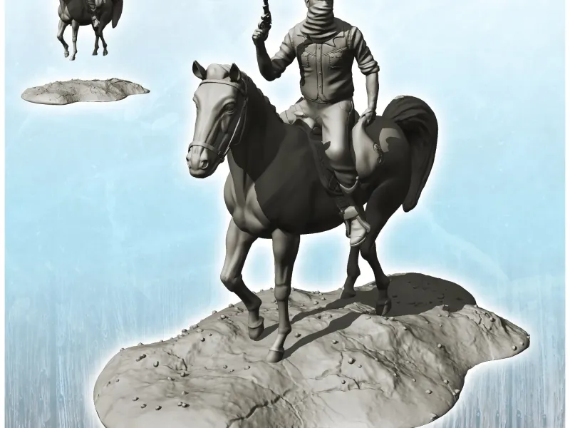 Armed cowboy on horseback with revolver and headband (25)