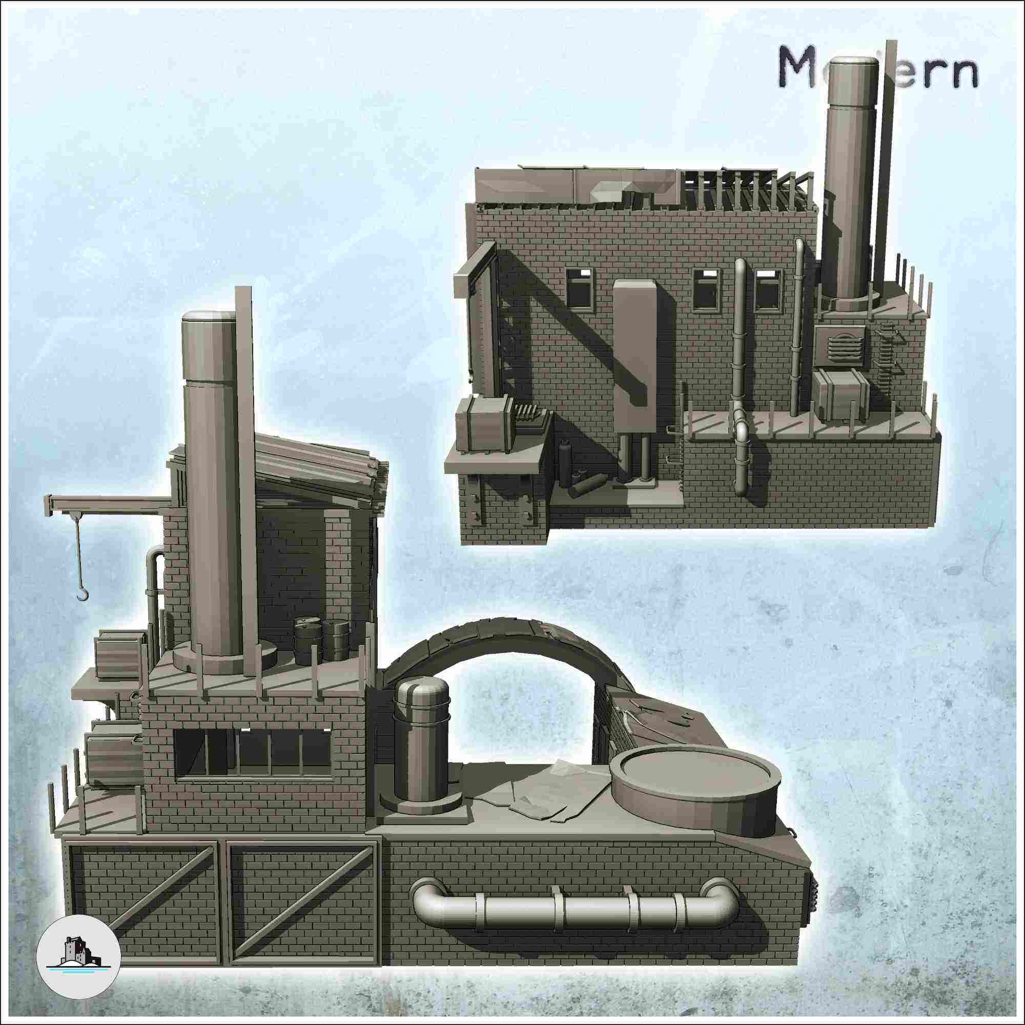 Modern brick factory with large chimney and access arch (int