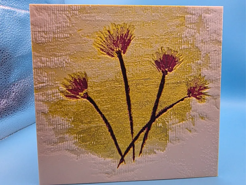 4 purple flowers on yellow