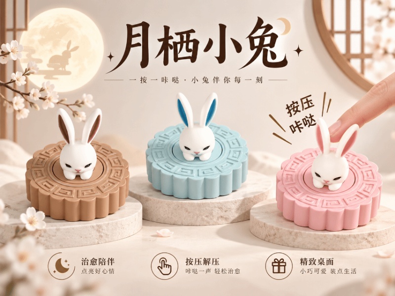 月栖小兔-中秋月饼-按压解压玩具摆件